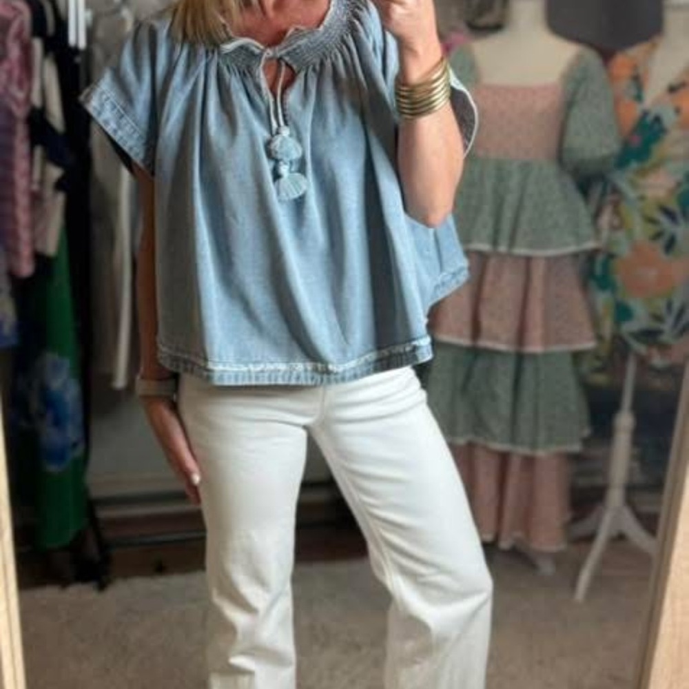 Light Blue Denim Top with White Pants